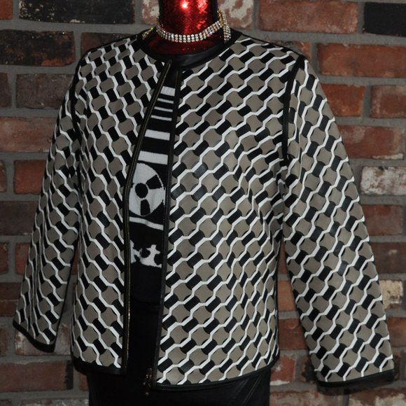 NWOT $4930 ESCADA LAMB Leather WOVEN White Black Sand Zip-up Jacket Coat 38 - Picture 1 of 10